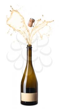 Open bottle of champagne with splash on white background�
