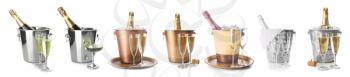 Buckets with bottles and glasses of champagne on white background�
