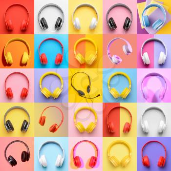 Many different headphones on colorful background�