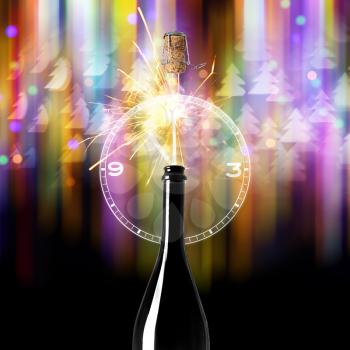Composition with bottle of champagne and clock on dark background with blurred lights�