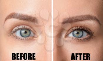 Beautiful young woman before and after eyelashes extensions, closeup�