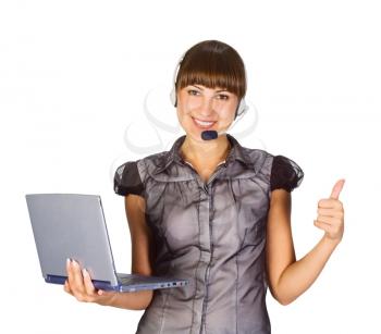 Royalty Free Photo of a Woman With a Laptop Giving Thumbs Up