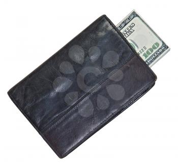leather wallet with with hundred-dollar bills on white background 
