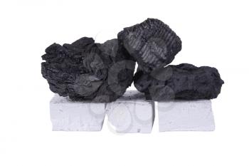 black charcoal and white firelighter for BBQ isolated on white