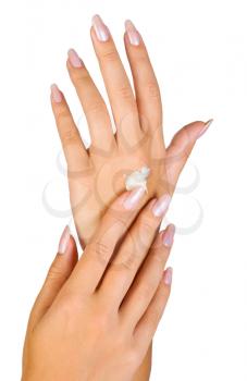 
Two woman hands with moisturizer body cream isolated on white
