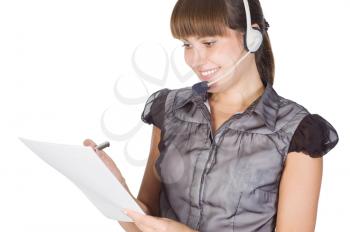 Young happy beautiful customer service operator girl in headset