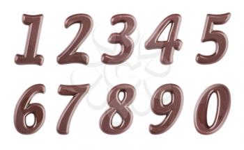Real dark chocolate digits set isolated on a white background