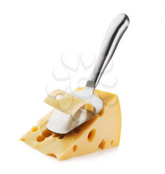 Piece of Cheese with holes and cheese knife slicer isolated on white background