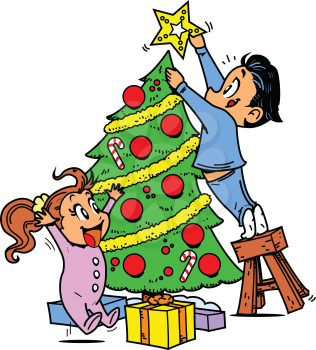 Royalty Free Clipart Image of a Boy and Girl Trimming a Tree