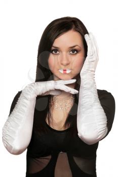 Royalty Free Photo of a Woman With Funny Lipstick and Wearing White Gloves
