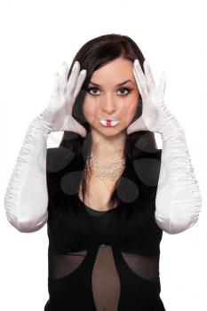 Royalty Free Photo of a Woman Wearing White Gloves and Framing Her Face