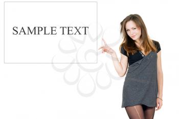 Royalty Free Photo of a Girl Beside a Frame for Text