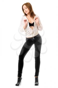 Royalty Free Photo of a Young Woman in Jeans and an Open Shirt
