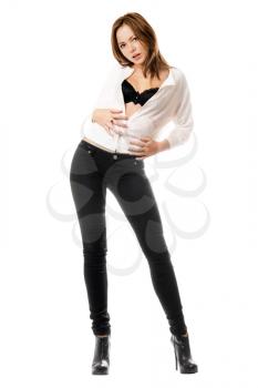 Royalty Free Photo of a Young Woman in Black Pants and a White Top