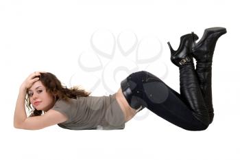 Royalty Free Photo of a Woman Lying on the Floor With Her Knees Bent