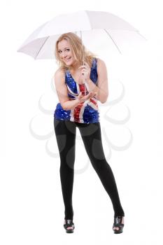 Royalty Free Photo of a Woman in a Union Jack Shirt Holding an Umbrella