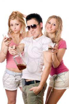 Royalty Free Photo of Three Young People With a Whiskey Bottle