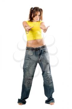 Royalty Free Photo of a Woman in Relaxed Jeans Giving the Middle Finger