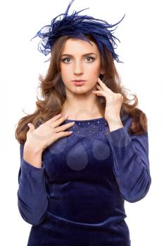 Great young girl in a blue feather bonnet