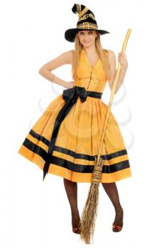Young woman with a besom wearing costume witch. Isolated