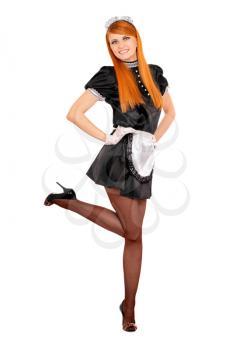 Young happy redhead maid. Isolated on white