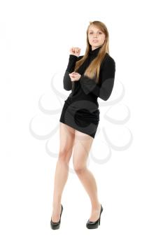 Attractive blond lady posing in black short dress. Isolated on white