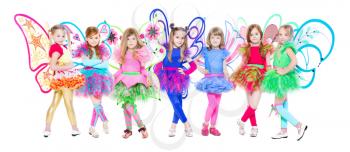 Seven little girls wearing like a butterfly. Isolated on white