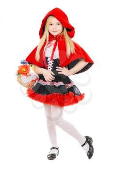 Blond cute girl posing in red costume with basket. Isolated on white