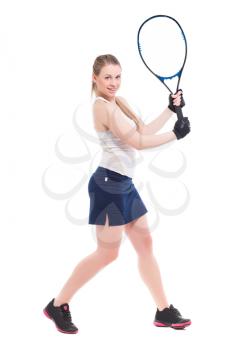 Cheerful blond woman posing with tennis racket. Isolated on white