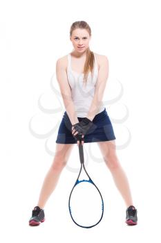 Attractive blond woman posing with tennis racket. Isolated on white