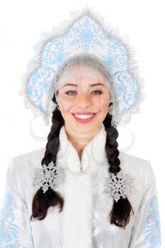 Portrait of smiling brunette wearing blue kokoshnik. Isolated on white