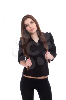 Portrait of beautiful brunette wearing black clothes. Isolated on white