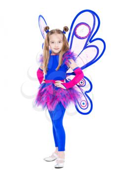 Beautiful little girl dressed in blue and pink butterfly suit. Isolated on white