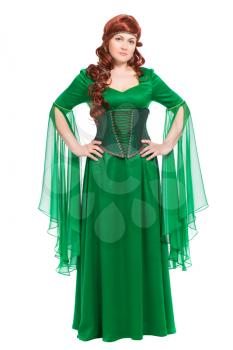 Elegant young woman dressed in green long dress. Isolated on white