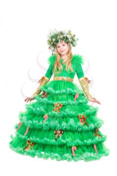 Charming little girl dressed in christmas tree costume. Isolated on white