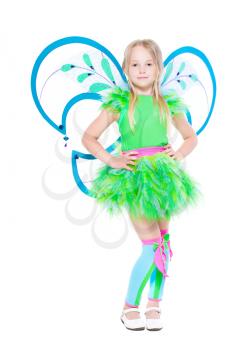 Nice little girl dressed in green butterfly suit. Isolated on white