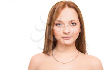 Portrait of young caucasian woman with bare shoulders. Isolated on white