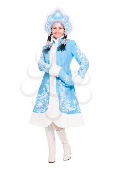 Young woman in a suit of snow maiden. Isolated on white