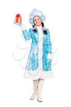 Young brunette in a suit of snow maiden. Isolated on white