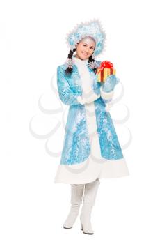Beautiful woman in a suit of snow maiden posing with gift. Isolated on white