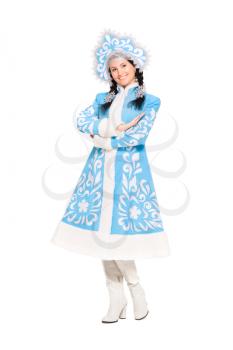 Playful brunette posing in a blue snow maiden costume. Isolated on white