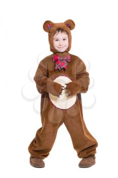Playful little boy posing in a bear costume. Isolated on white