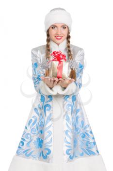Portrait of charming Snow Maiden with a present. Isolated on white
