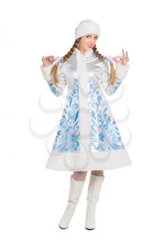 Pretty woman in snow maiden costume. Isolated on white