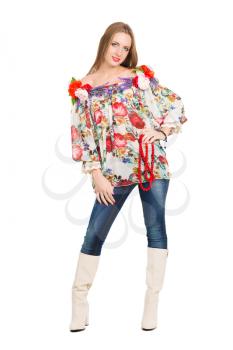 Young sexy woman in flowery blouse. Isolated on white