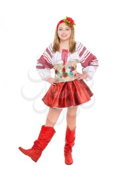 Little blond girl wearing Ukrainian national clothes. Isolated on white
