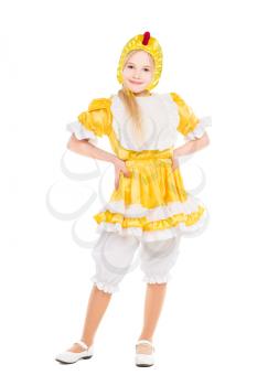 Funny little girl dressed like a chicken. Isolated on white