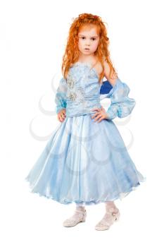 Beautiful redhead little girl wearing nice blue dress. Isolated on white