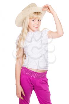 Portrait of nice little blonde in stetson. Isolated on white