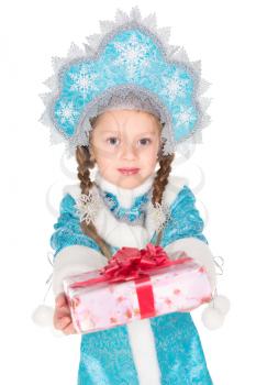 Little girl in traditional christmas costume with a gift box. Isolated on white